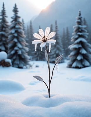 The primary subject of the image is a single flower, which is the main focus of the scene. The flower is surrounded by snow, and it appears to be frozen in the snow. The setting is a snowy landscape with trees in the background. The visual style of the image is a digital art or illustration, creating a unique and captivating scene. The dominant colors in the image are white and blue, giving the scene a cold and serene atmosphere.